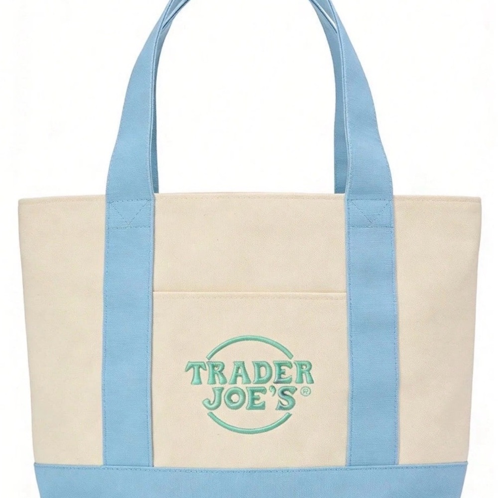 TRADER JOE'S MINI PASTEL CANVAS TOTE BAG, NEW SPRING PASTEL COLOR - BLUE